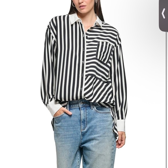 NWT Karl Lagerfeld Striped Black and White Women's Top button down size XL - Picture 4 of 4